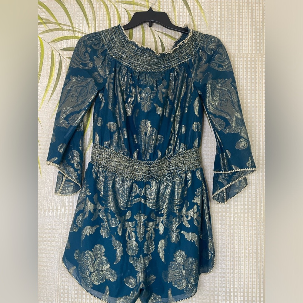 NWT Rachel Zoe silk romper blue and gold metallic Size M